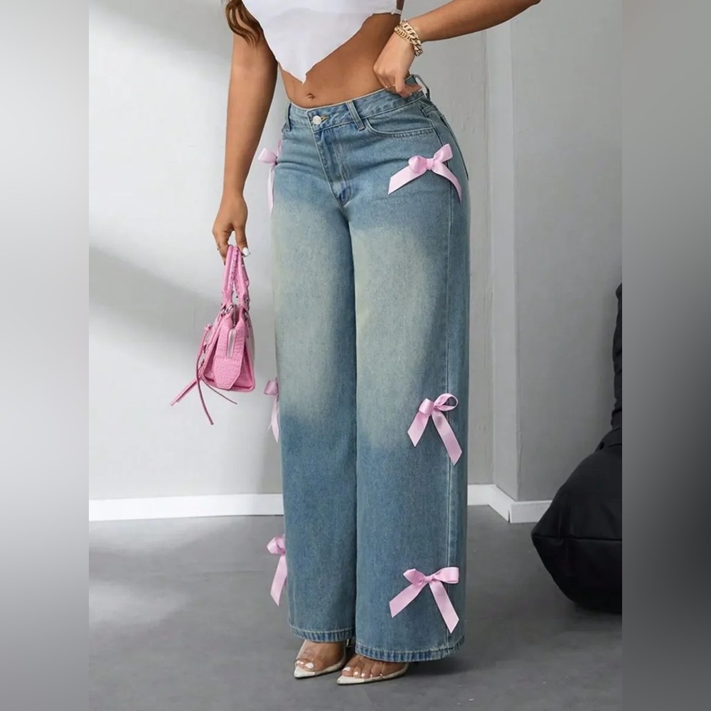 NEW Pink Bow Wide Leg Jeans